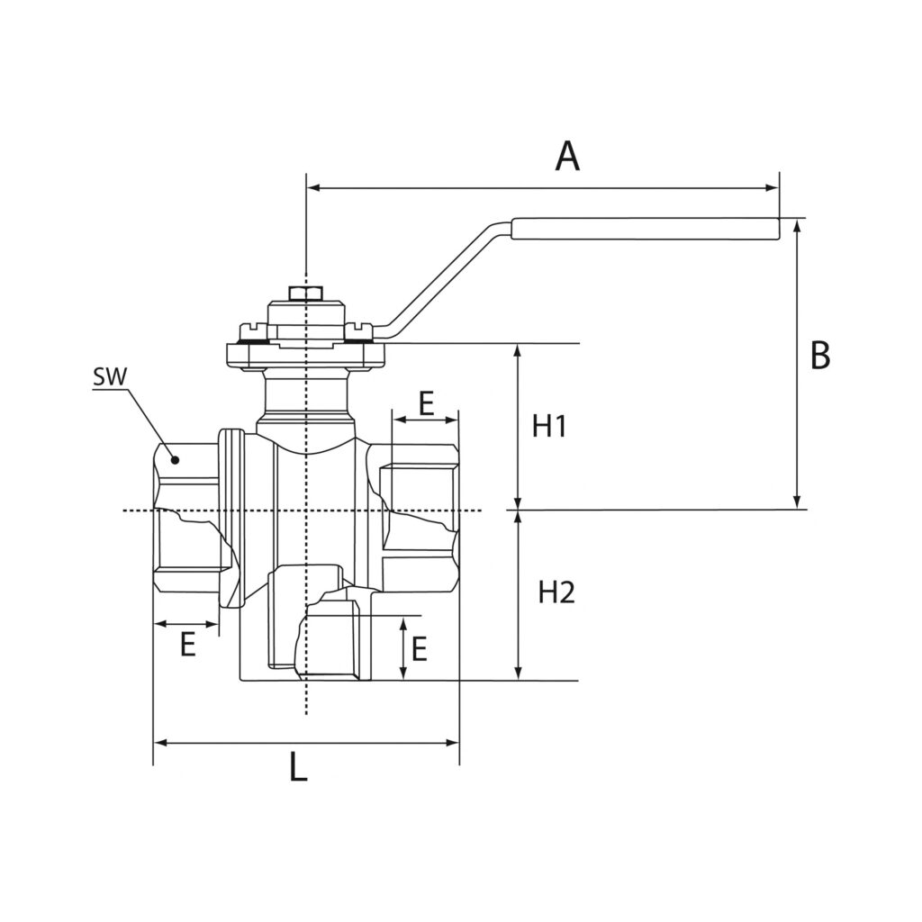 3-Wege-Kugelhahn, MS vern., Anschluss unten, L-Bohrung, Rp 1/4