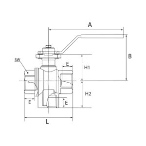 3-Wege-Kugelhahn, MS vern., Anschluss unten, L-Bohrung, Rp 1/4