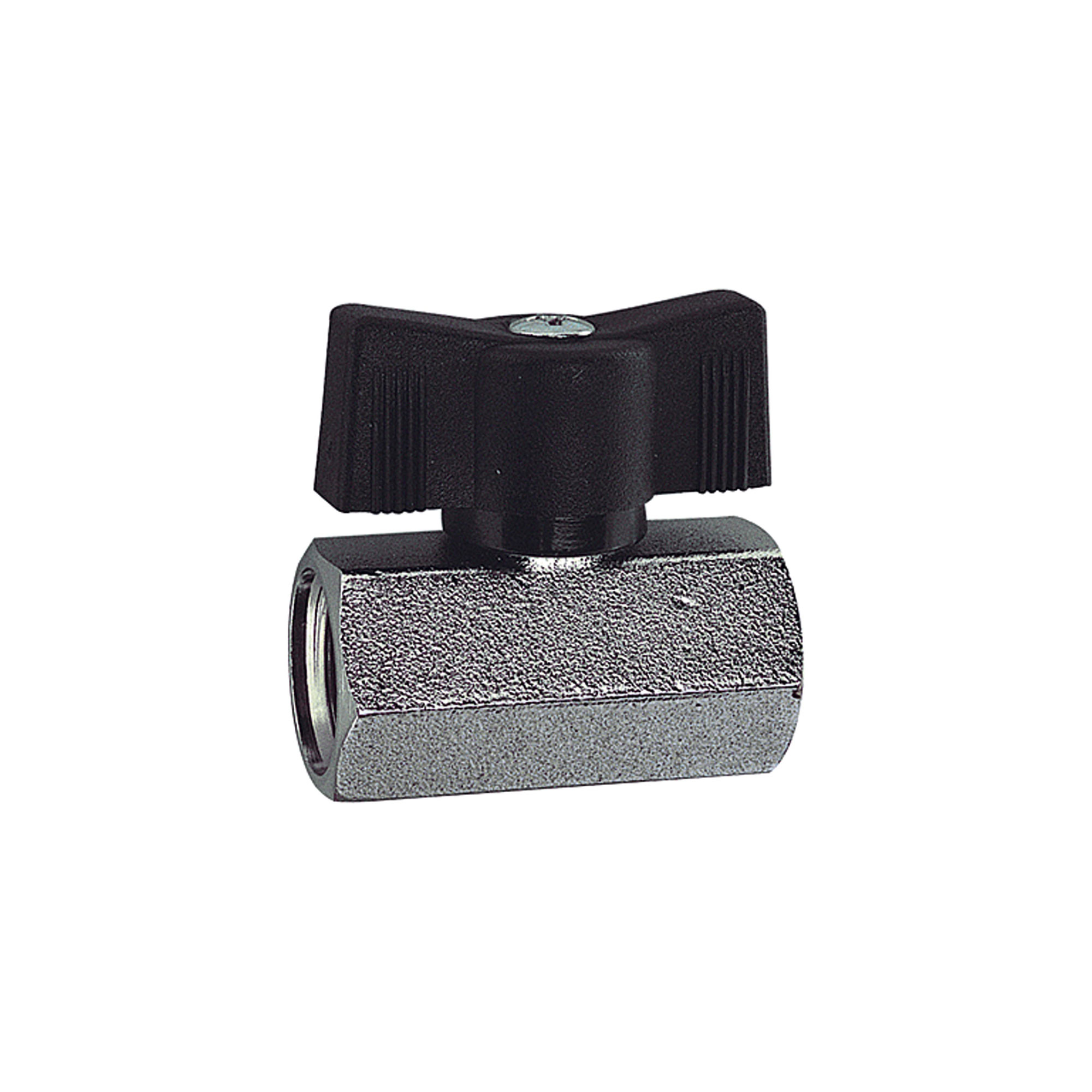 Mini-Kugelhahn, sandgestrahlt, MS vern., Flügelgriff, G 1/4 IG