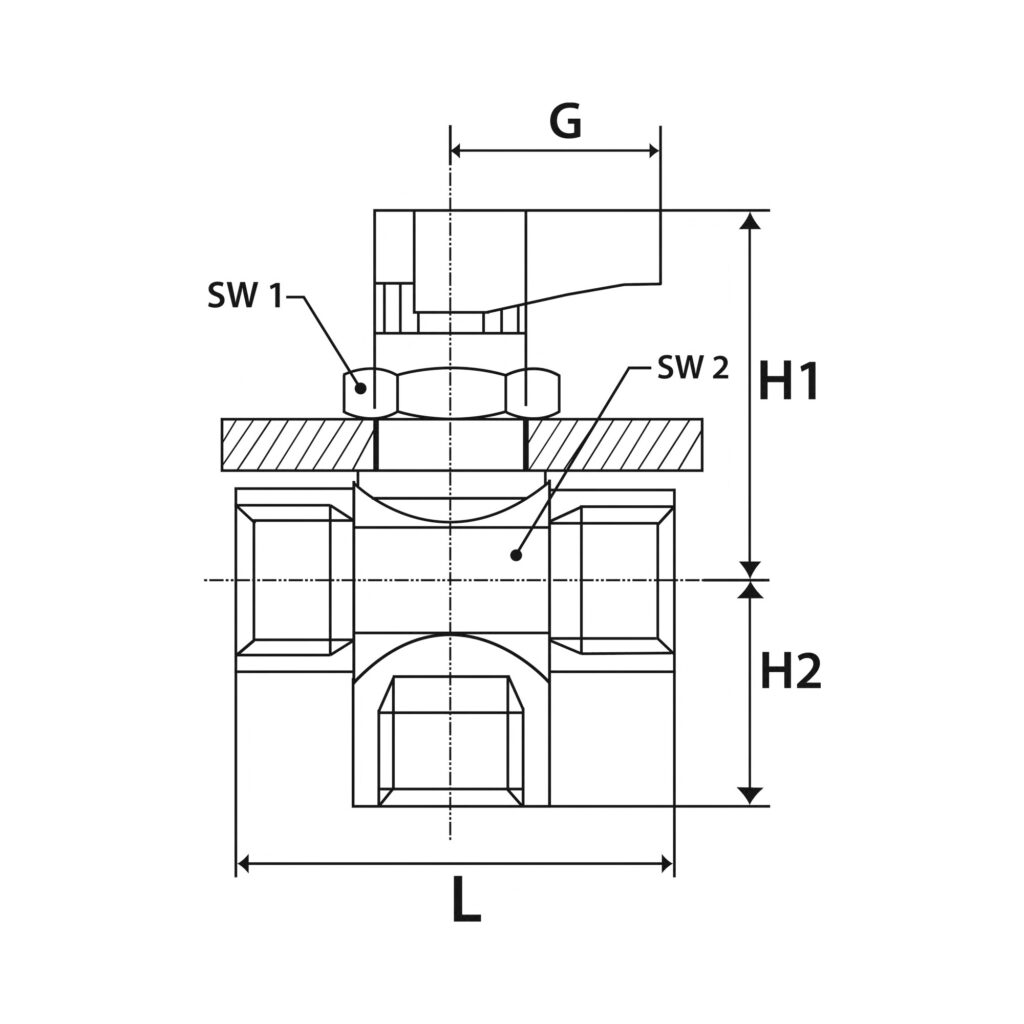 3-Wege-Mini-Kugelhahn, L-Bohrung, MS verchromt, G 1/8 IG, DN 5