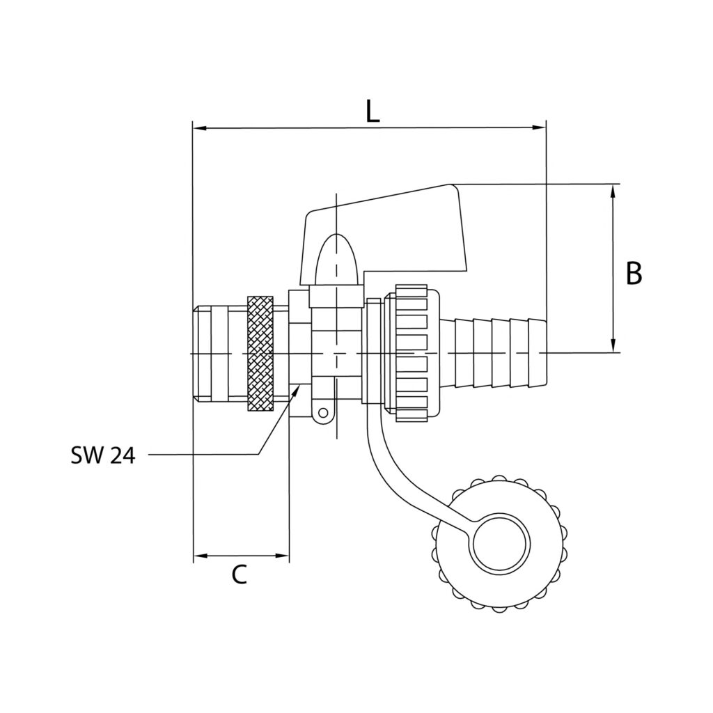 KFE-Kugelhahn, Messing blank, G 1/2, Tülle LW 13